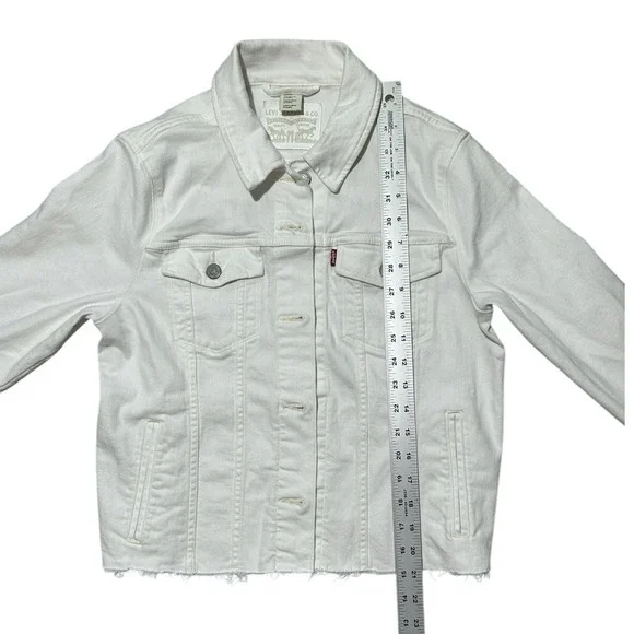 LEVI'S White Denim Trucker Jacket Women sz L Cropped Raw Hem - See Notes - Picture 4 of 11